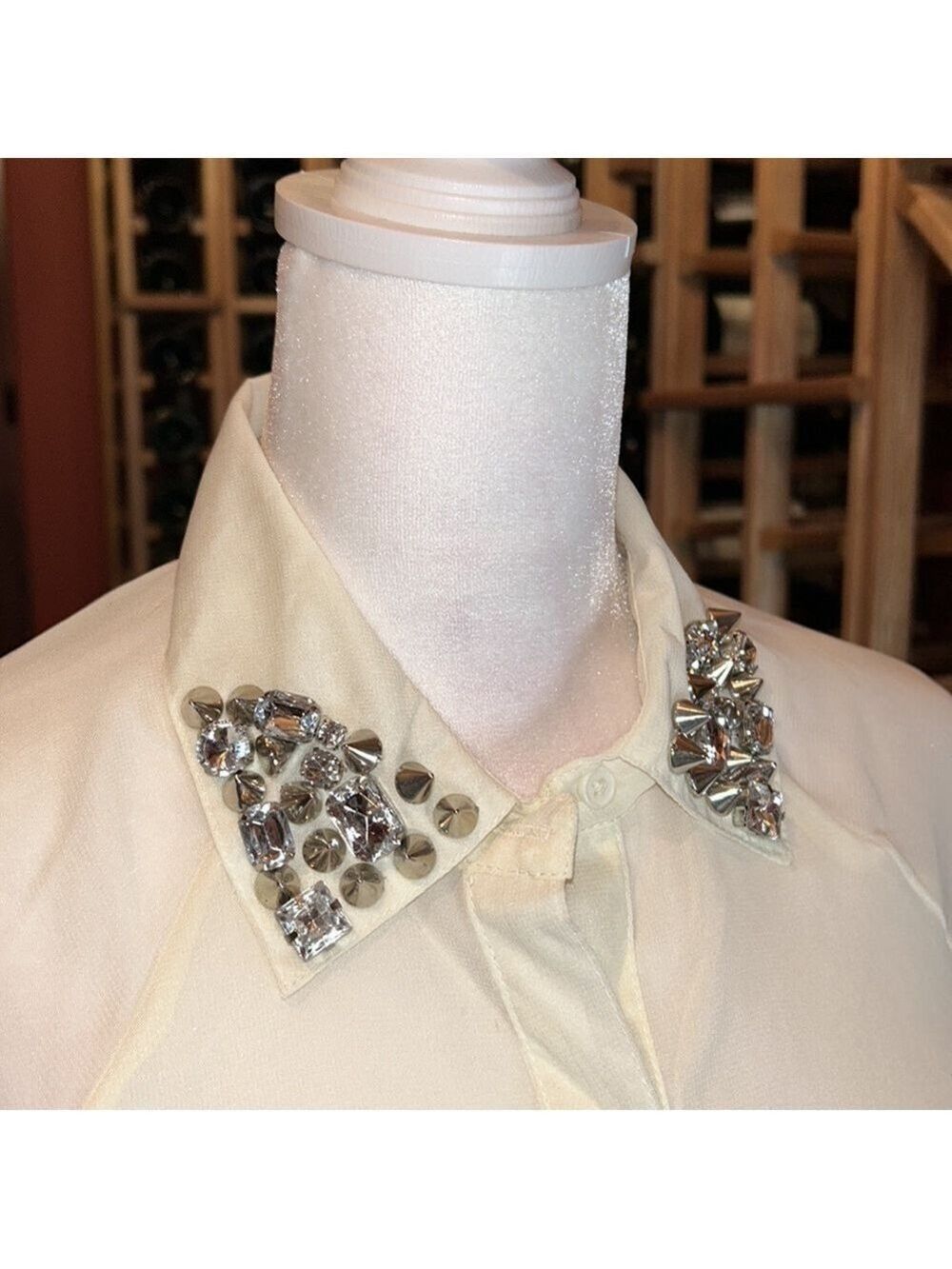 ALI & KRIS  NWT! Fantastic Vanilla Sheer Blouse w/ Collar Bling! Size M - Picture 2 of 9